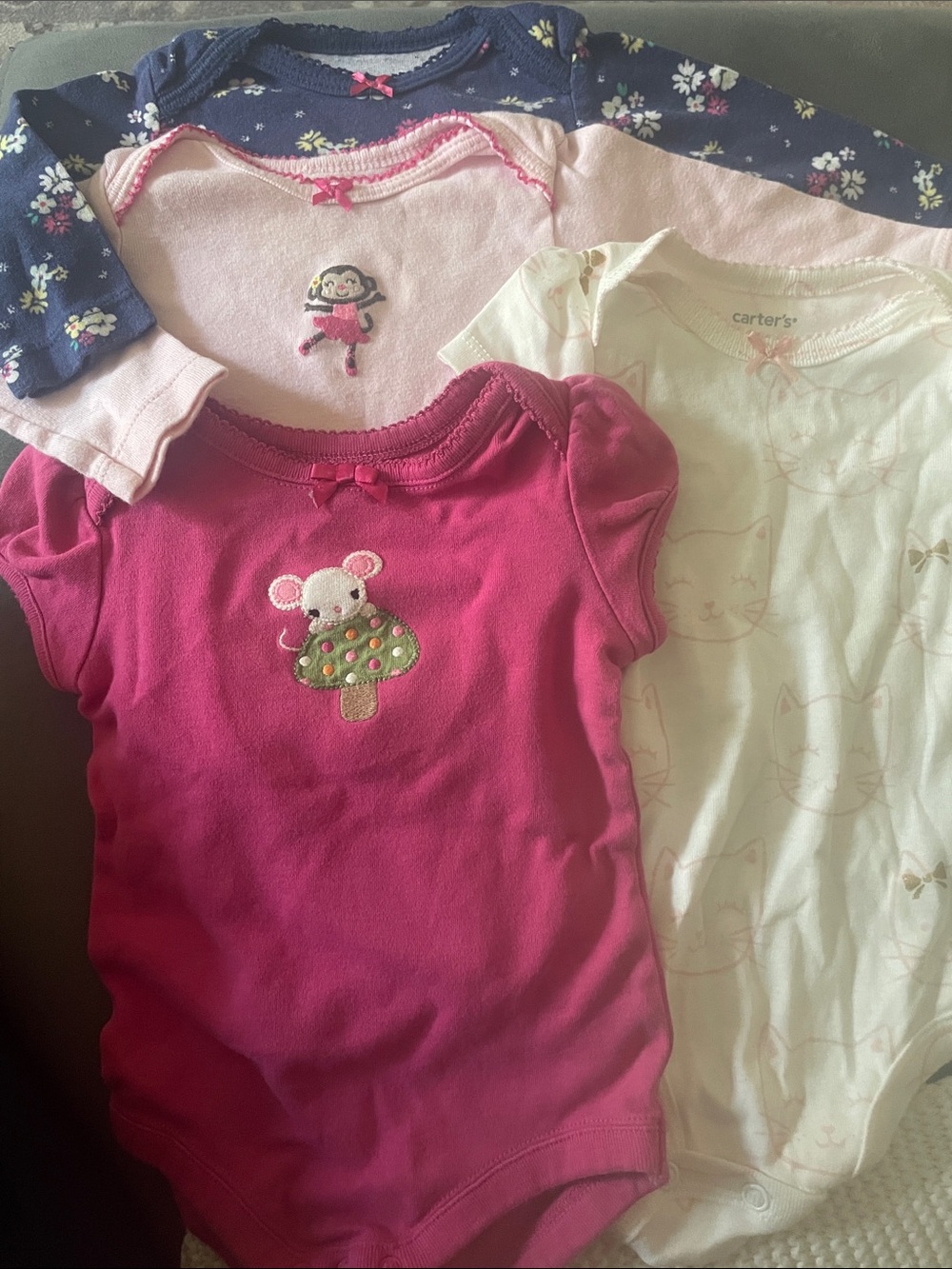 5/$25 3m Pink & Navy Floral Baby Bodysuit 4-Pack Pink Navy Blue Cat Mouse